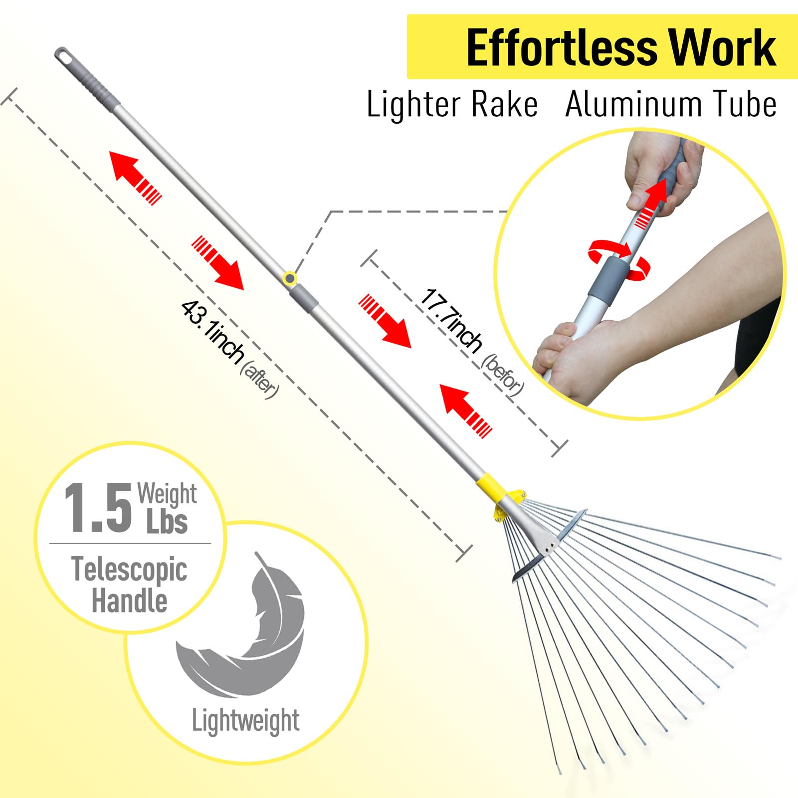 Jardineer rake head width adjustment enables quick width changes.