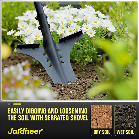 Jardineer root shovel with root-cutting edges tackles stubborn roots efficiently.