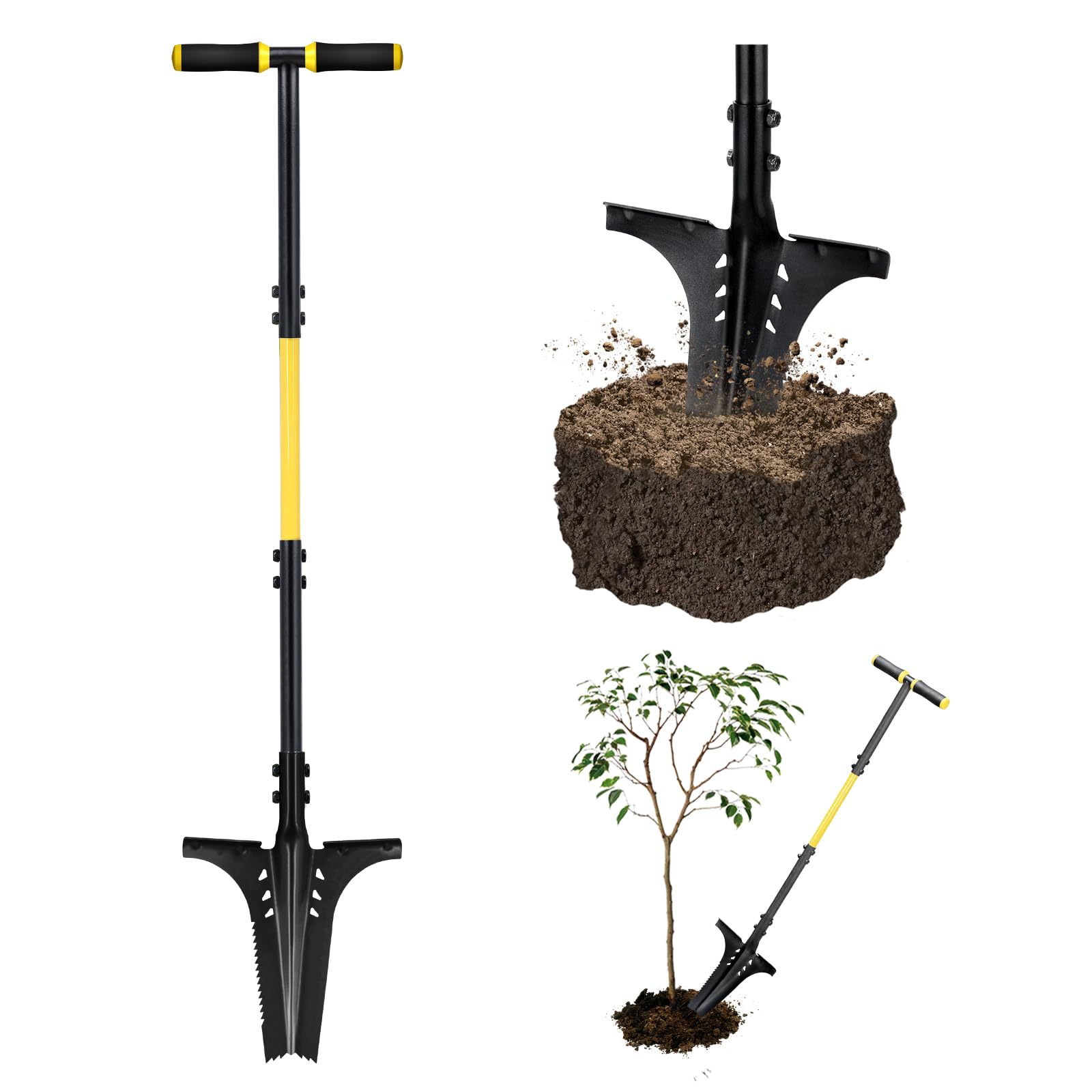 Jardineer root shovel with serrated blade for easy cutting through compact soil.