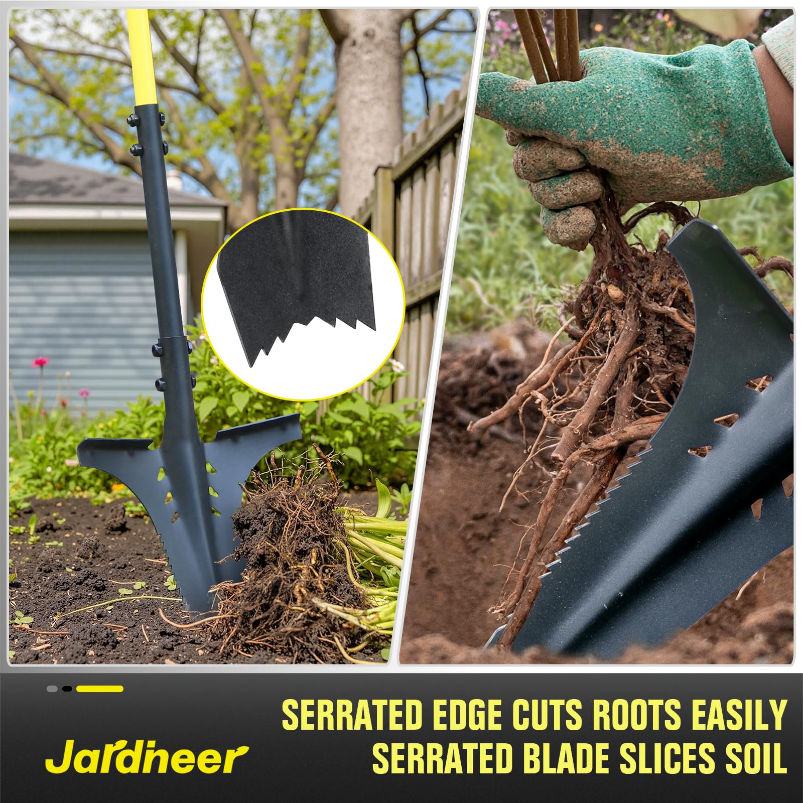 Jardineer root shovel with t-shaped-handle reduces wrist strain and improves leverage.