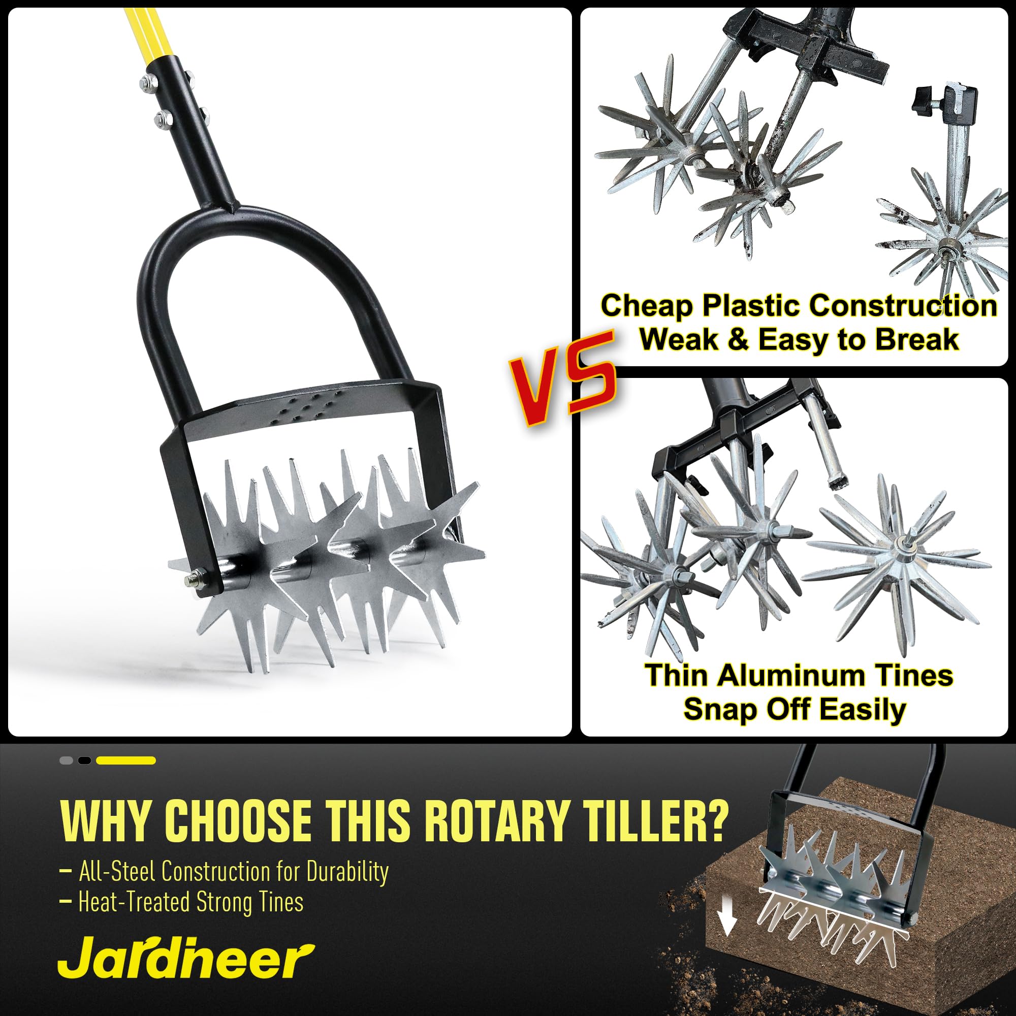 Jardineer cultivator ergonomic handle for easier tilting and control