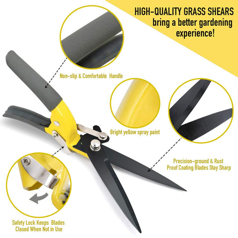 Jardineer grass shears safety lock enables safe storage after trimming.