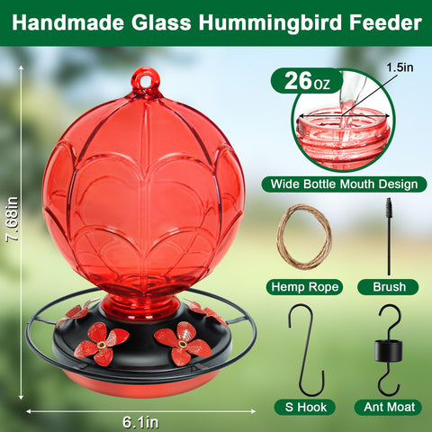 Jarkyfine 26oz glass feeder highlighting nectar capacity for birds.