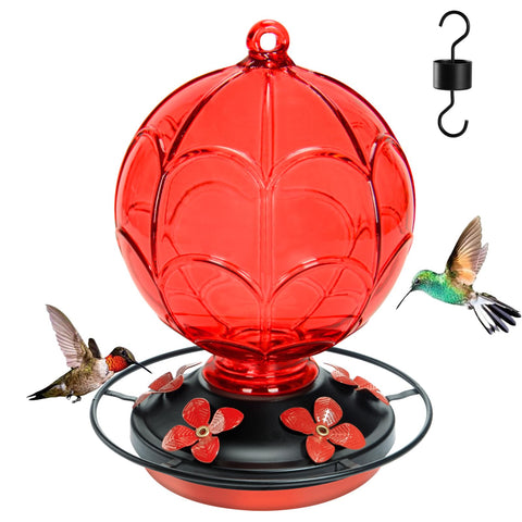 Jarkyfine hot air balloon glass hummingbird feeder seen in a sunny garden.