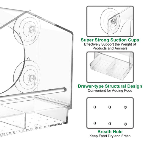 Jarkyfine see-through acrylic design offers close-up views of visiting songbirds