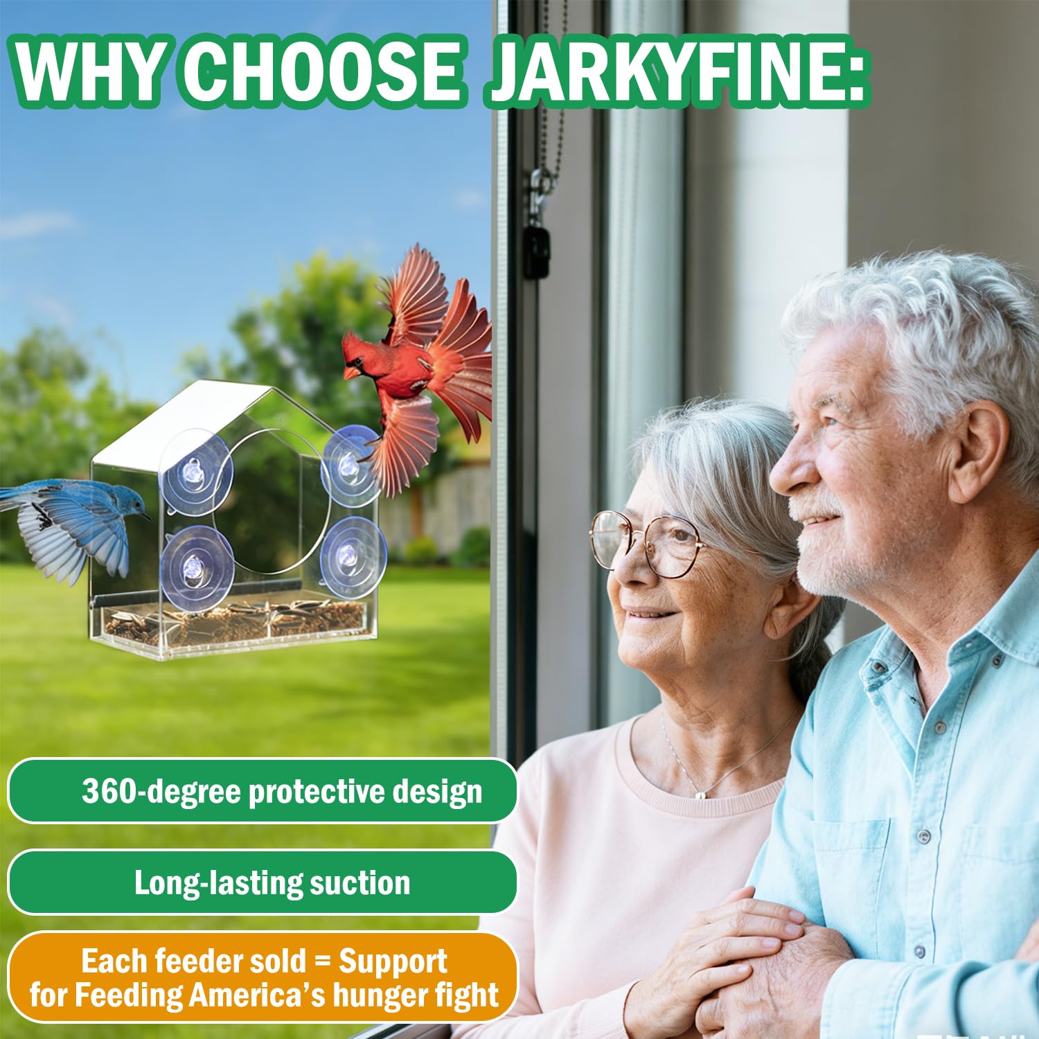 Crystal-clear Jarkyfine feeder provides unobstructed viewing of visiting birds