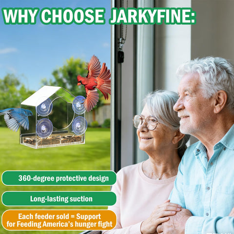 Crystal-clear Jarkyfine feeder provides unobstructed viewing of visiting birds