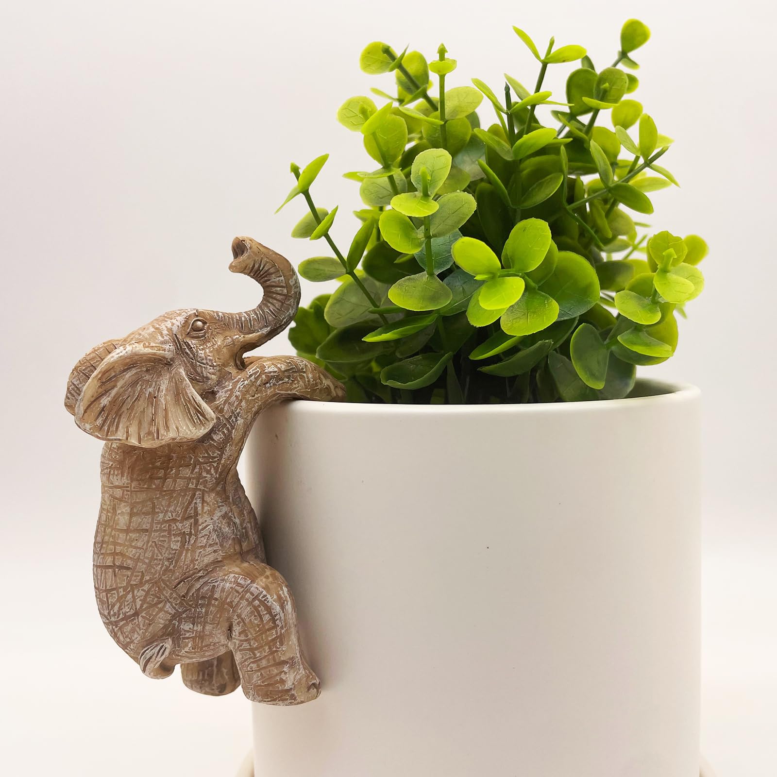 JARPSIRY elephant hugger hanging from a plant pot for outdoor appeal.