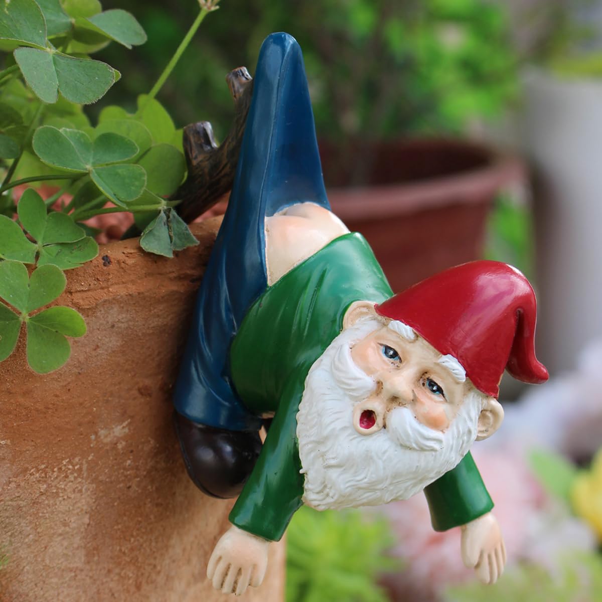 JARPSIRY pants-hanging branch gnome figurine perched on a pot edge for whimsy.