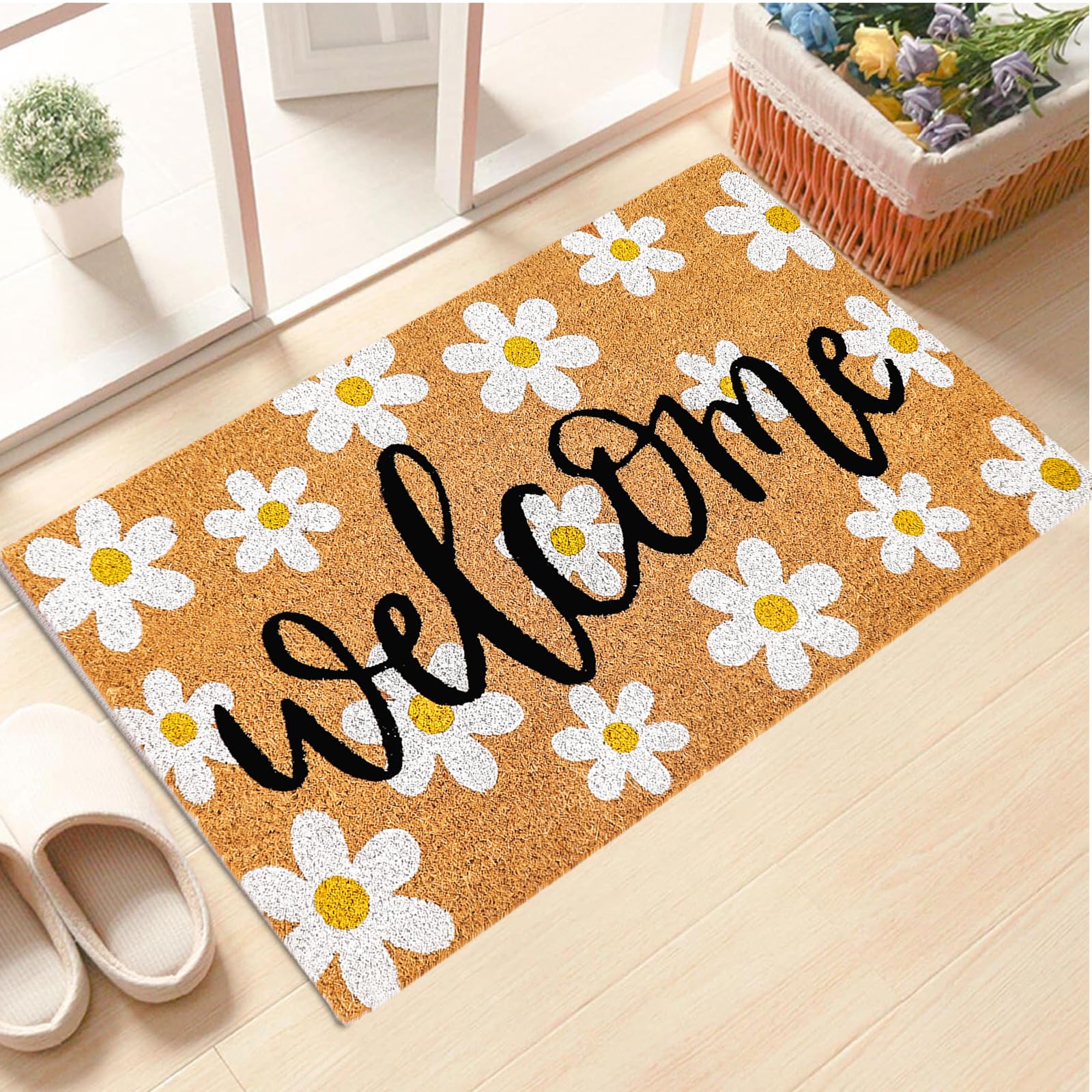 JarThenaAMCS Coir Door Mat with a daisy pattern cleans shoes while adding natural texture.
