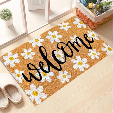 JarThenaAMCS Coir Door Mat with a daisy pattern cleans shoes while adding natural texture.