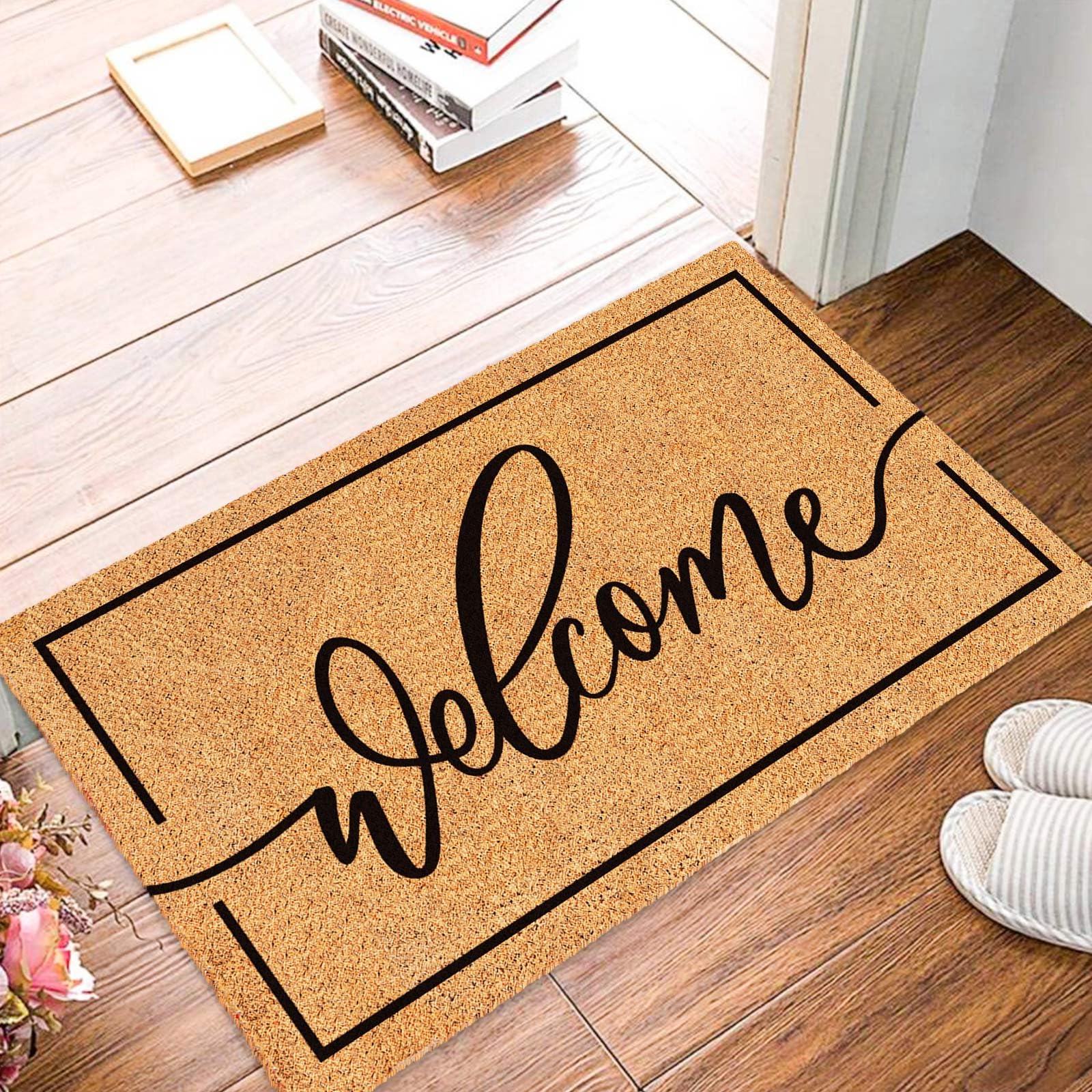 JarThenaAMCS Natural coir entrance mat helps sweep debris from shoes.