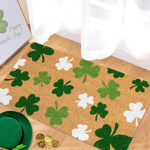 JarThenaAMCS welcome mat with shamrock pattern boosts curb appeal.