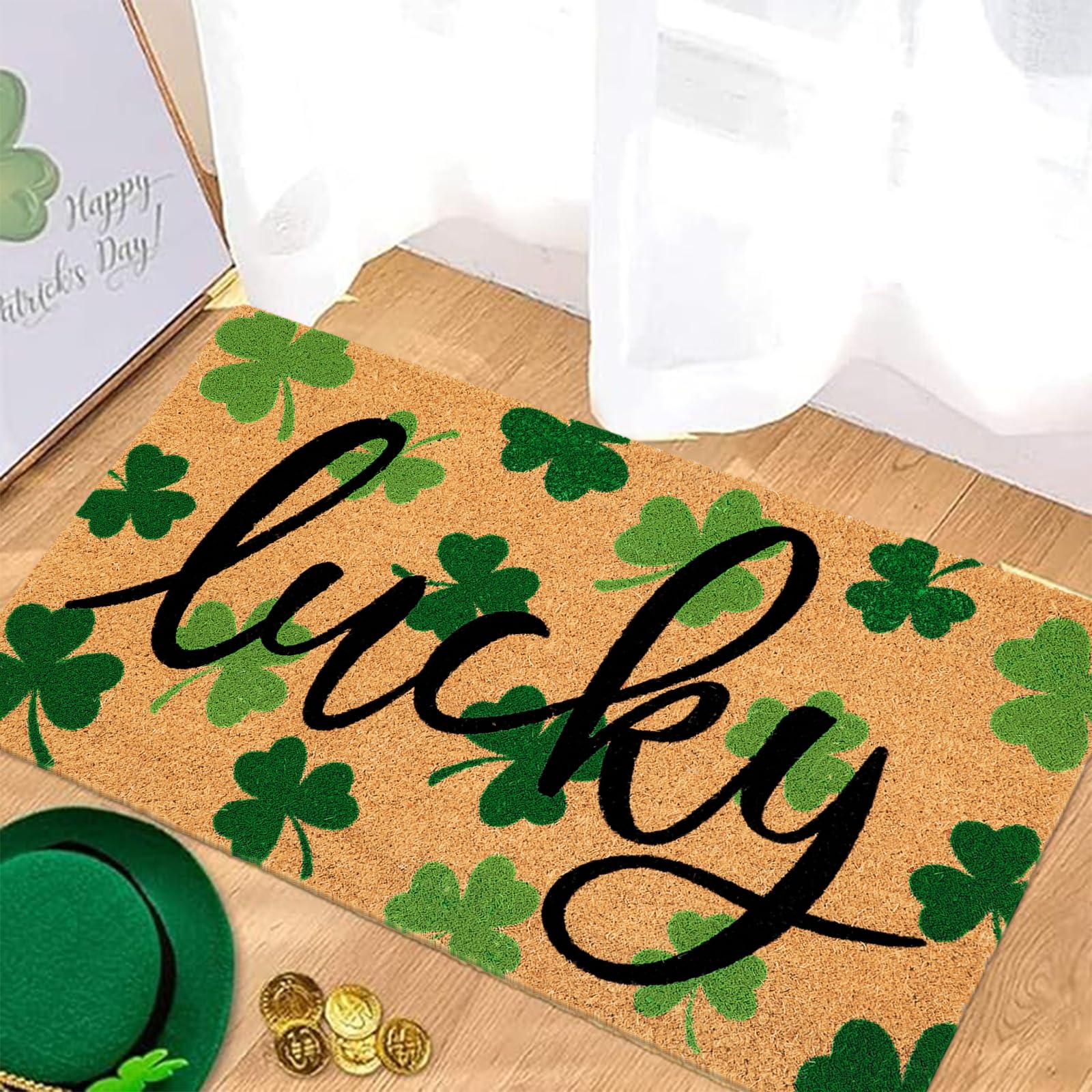 JarThenaAMCS green shamrock pattern coir mat for indoor outdoor use.