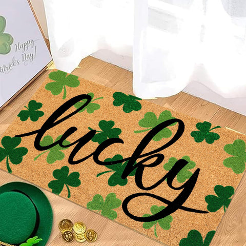 JarThenaAMCS green shamrock pattern coir mat for indoor outdoor use.
