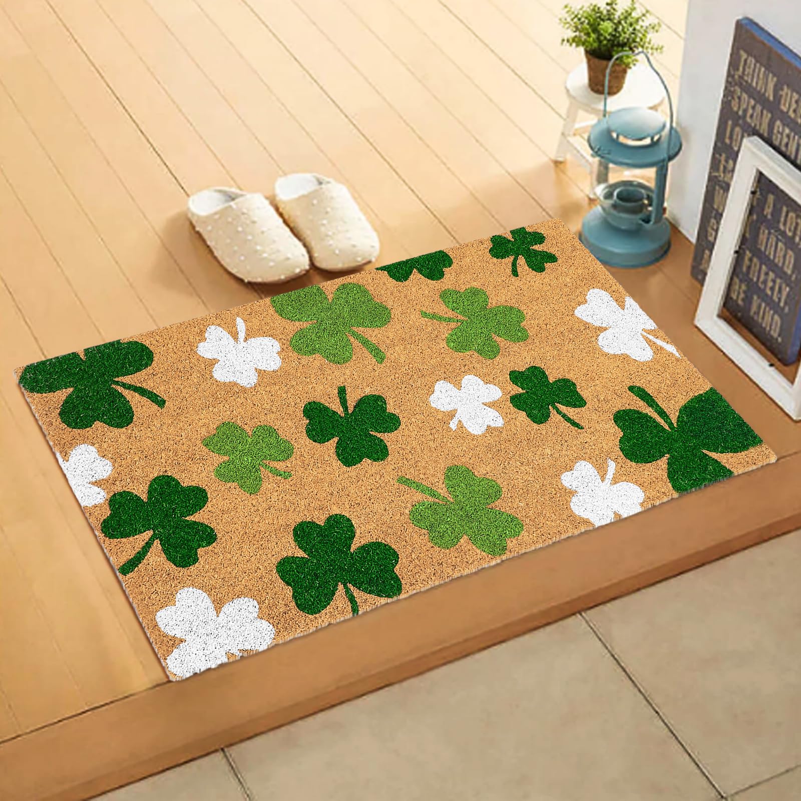 JarThenaAMCS green-white shamrock design enhances seasonal decor indoors or outdoors.