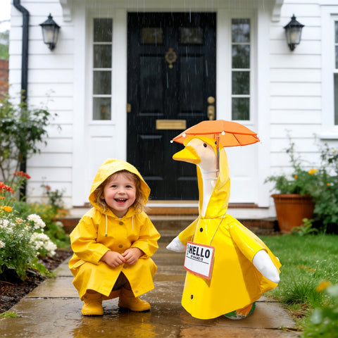Complete set includes raincoat, umbrella, and tag for instant decorative flair