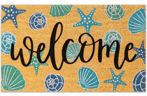 JarThenaAMCS seashell coir door mat in aqua blue, ideal for scraping dirt from shoes