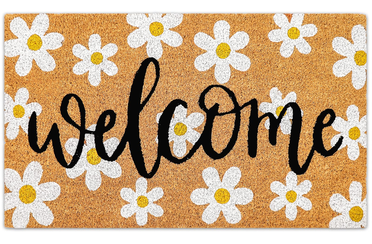 JarThenaAMCS Spring Flower Welcome Doormat with daisies enhances entry styling and dirt scraping.