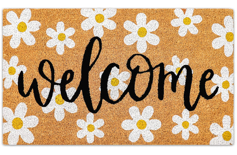 JarThenaAMCS Spring Flower Welcome Doormat with daisies enhances entry styling and dirt scraping.