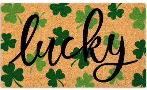 JarThenaAMCS St. Patrick's Day coir doormat with lucky clover design for clean shoes.