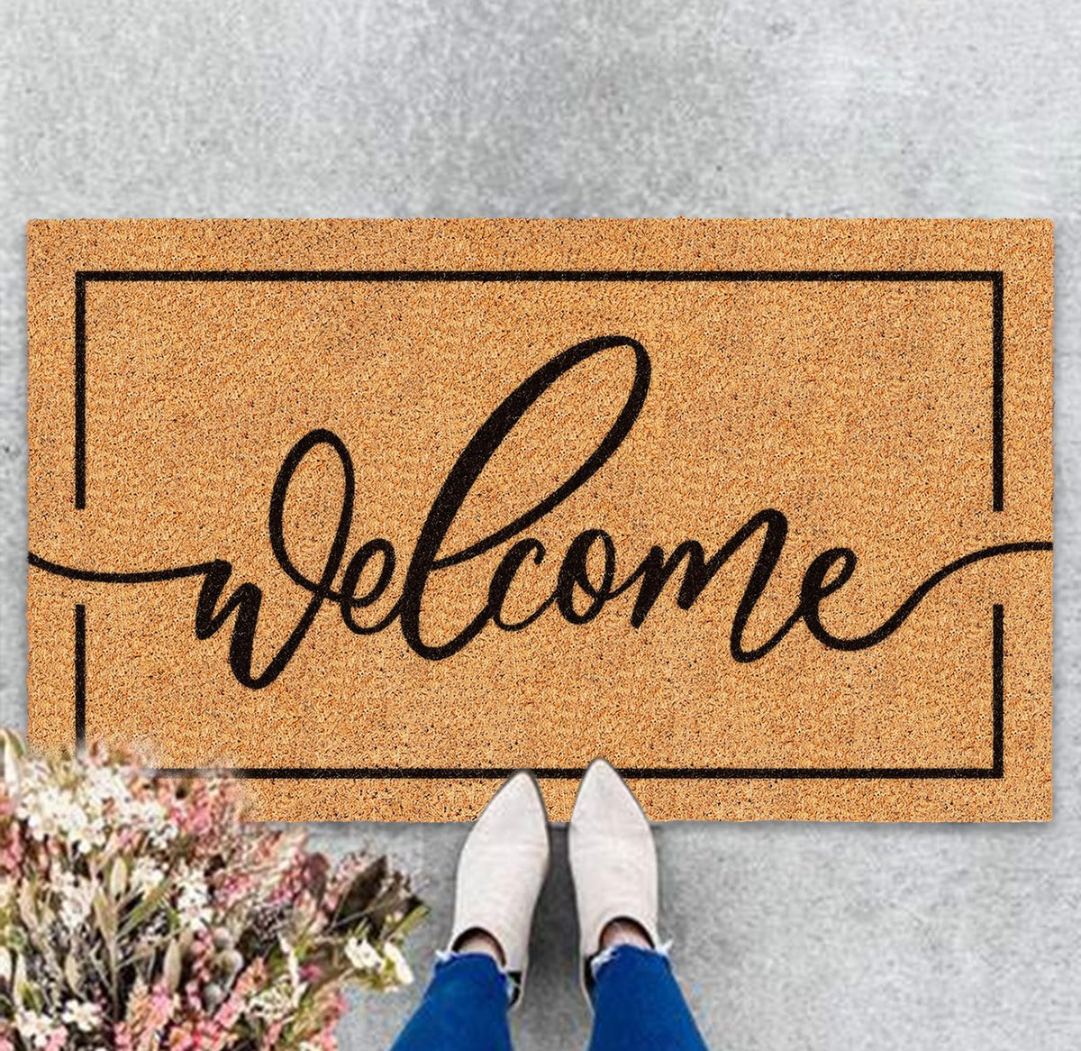 JarThenaAMCS Welcome Mat in natural coir with rustic brown tone traps dirt at entry.