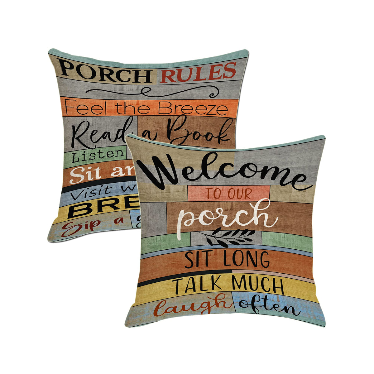 Jartinle porch rules sign pillow cover adds rustic charm to outdoor seating.