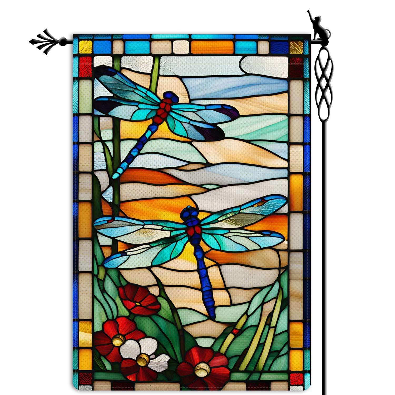 Jauageon dragonfly garden flag in double-sided display for porch and yard use.