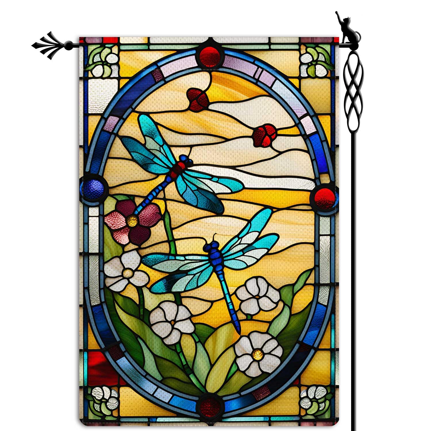 Jauageon dragonfly garden flag with stained glass style welcomes guests outdoors.