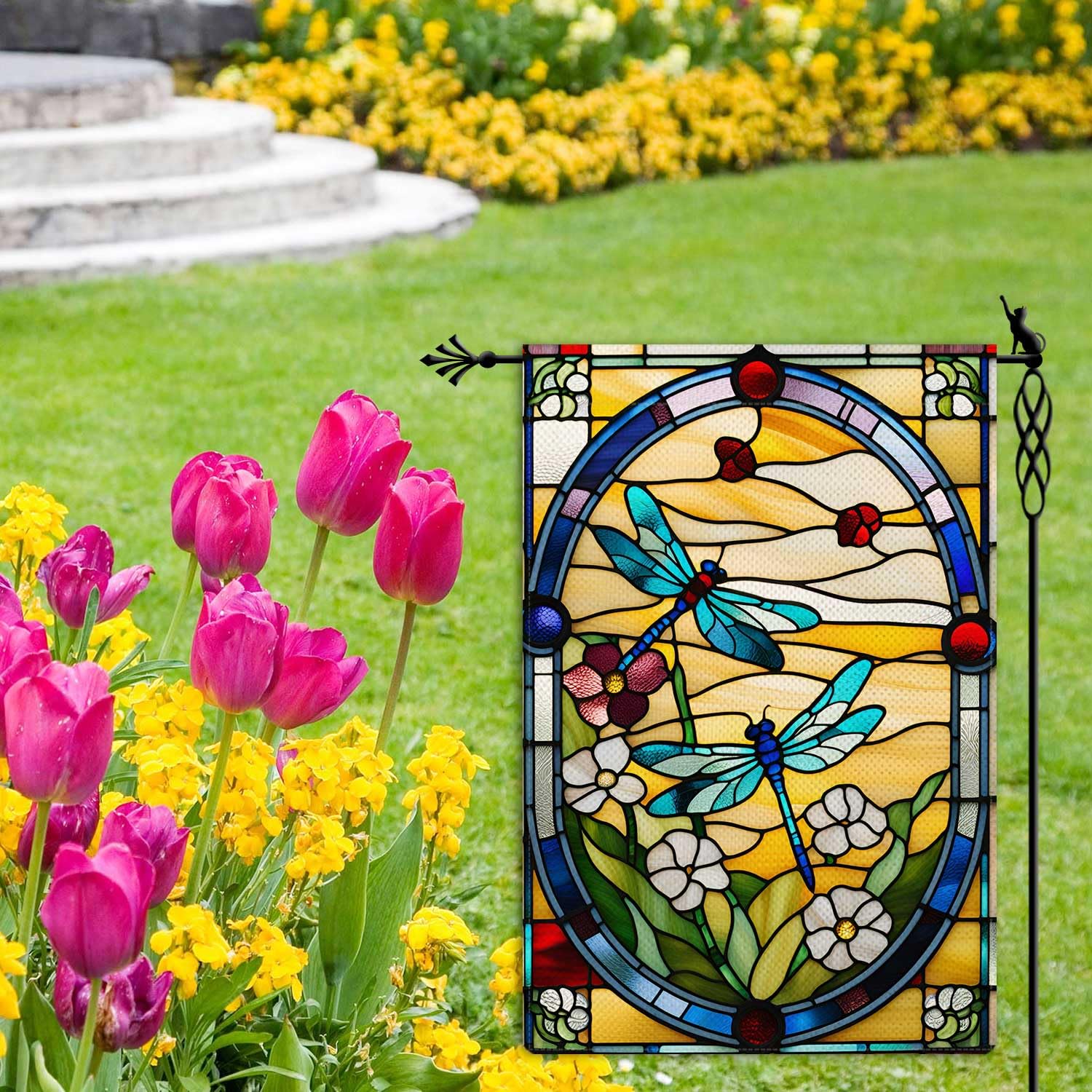 Jauageon floral garden flag displays vibrant flowers in a vertical layout.
