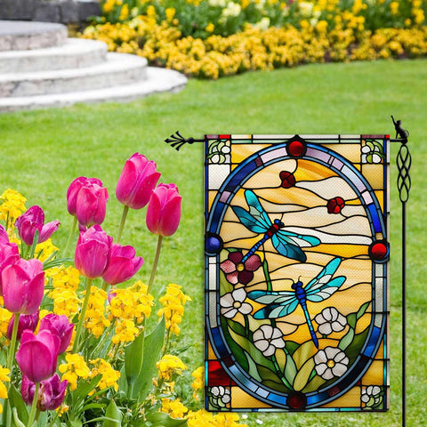Jauageon floral garden flag displays vibrant flowers in a vertical layout.