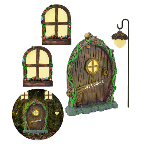 Jauay glow fairy door on tree trunk adds whimsical garden charm and invites imaginary guests.