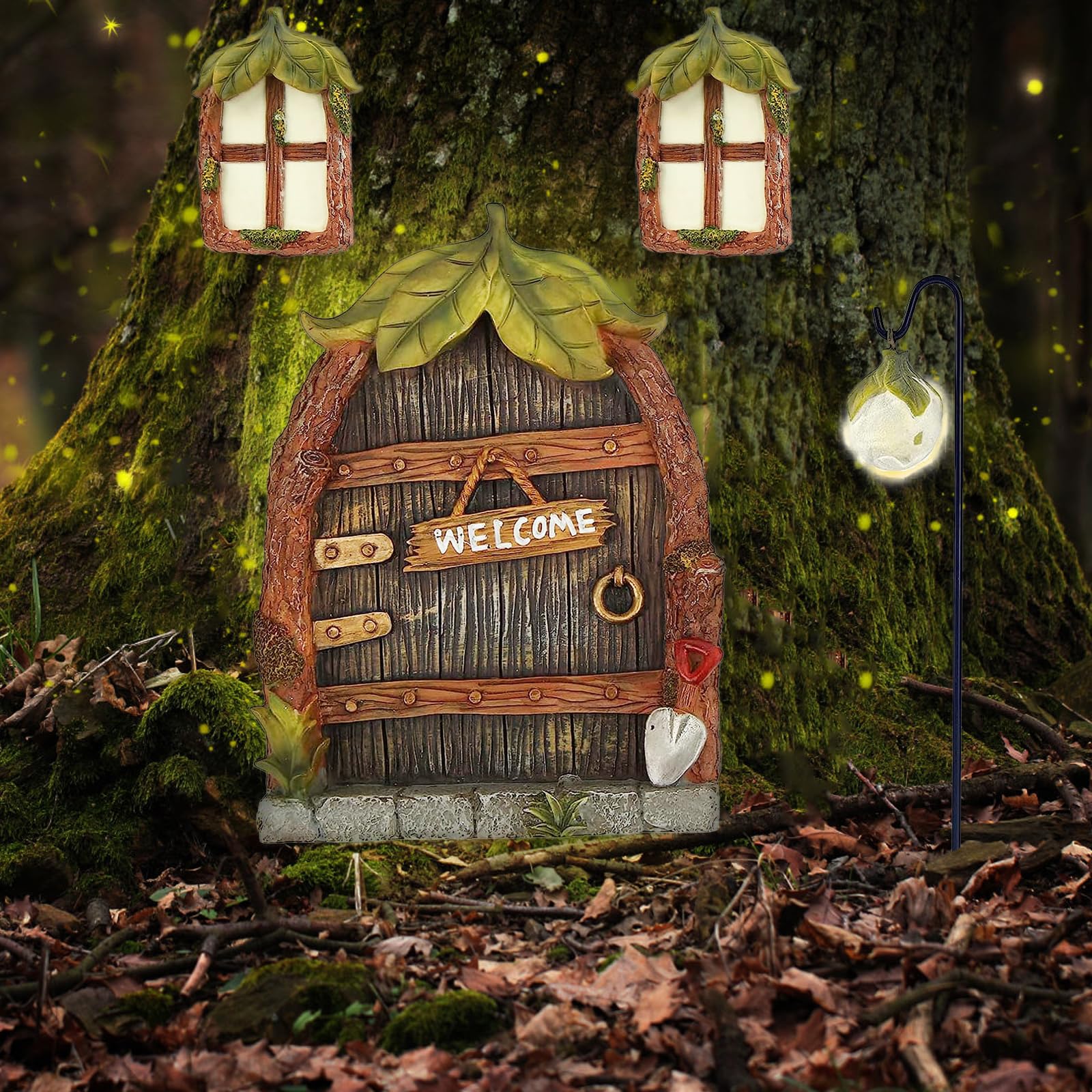 Jauay glow lantern and fairy door illuminate the night