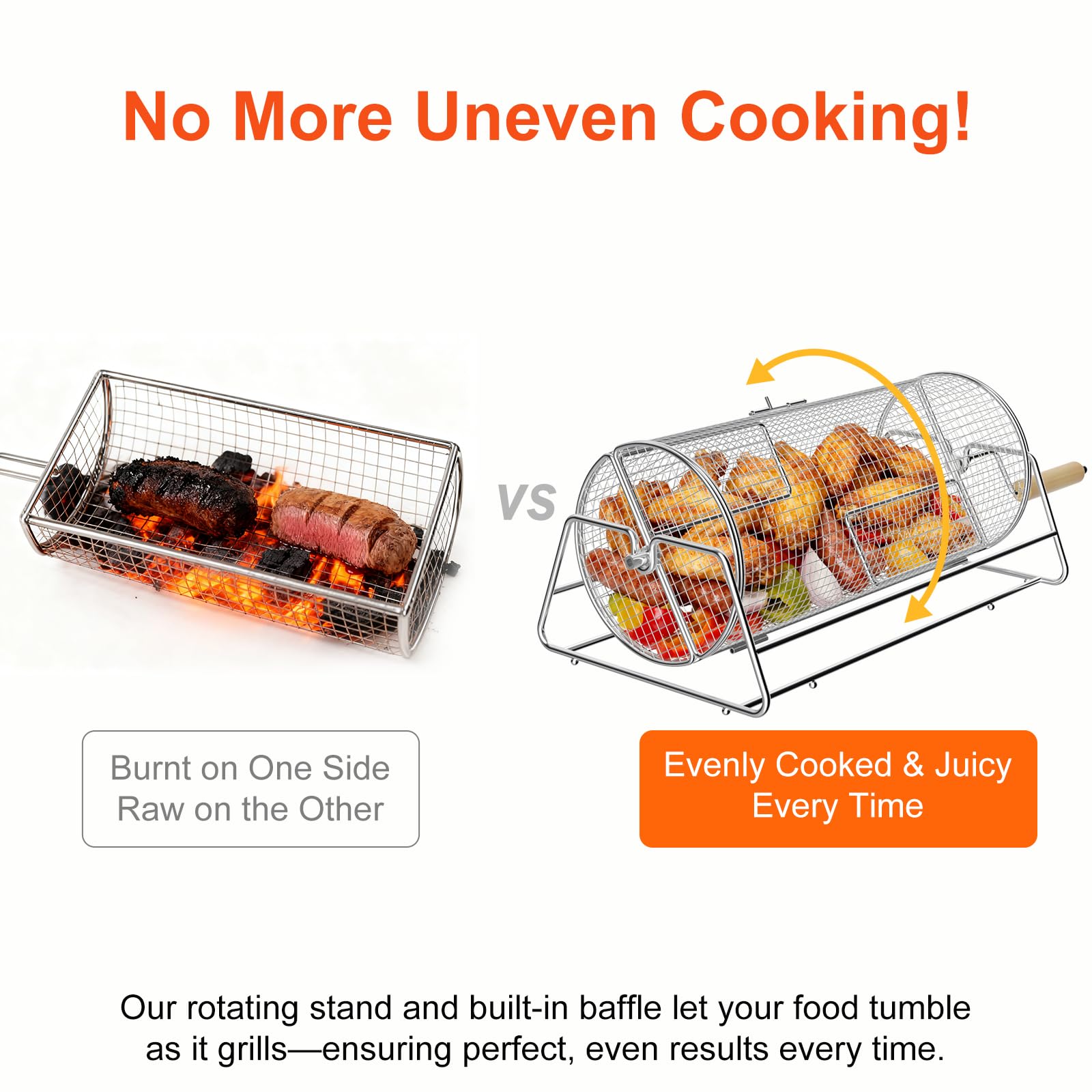 Jawjuly dual mesh grill basket promoting uniform browning of vegetables