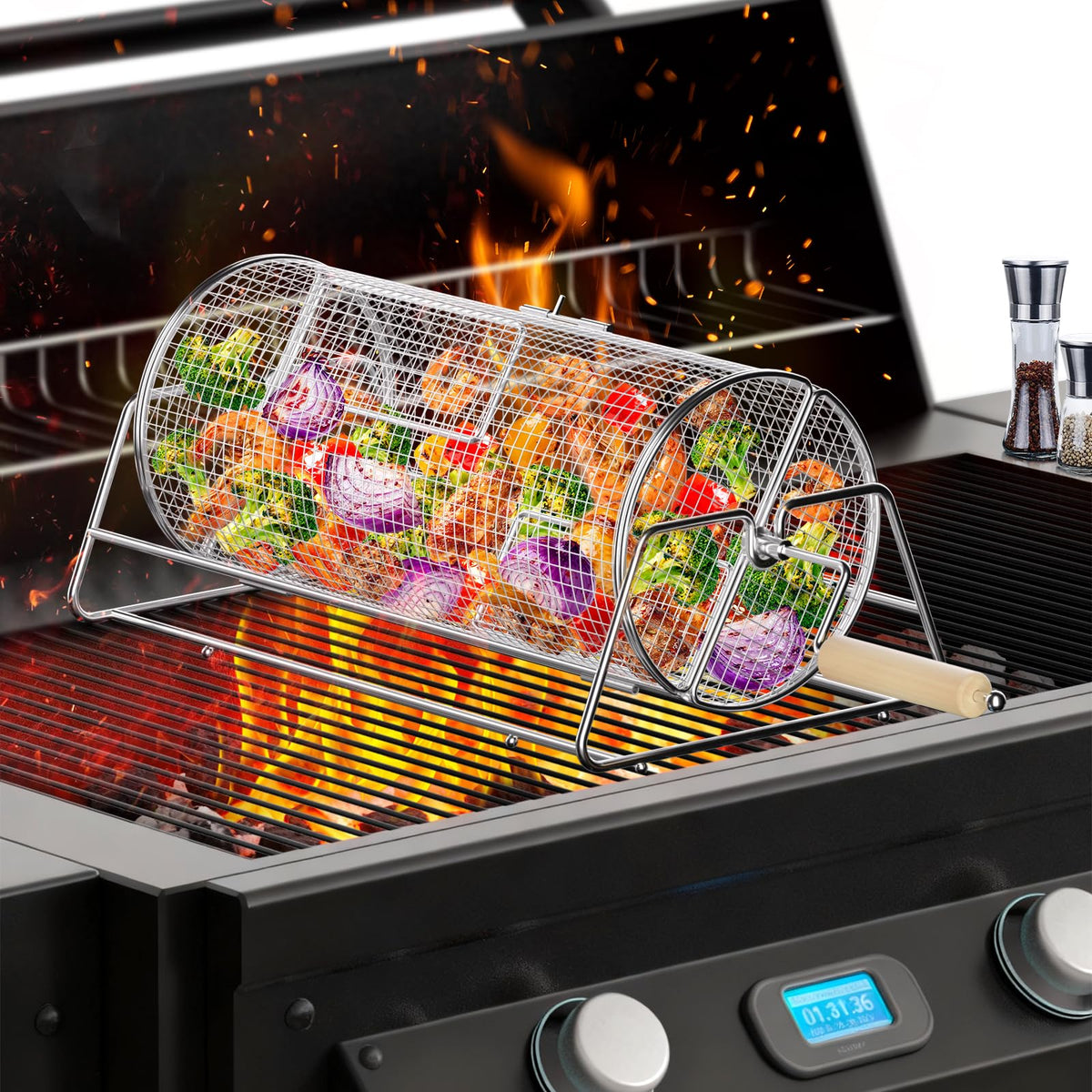 Jawjuly rotatable grill basket with wooden handle enabling even cooking on the grill