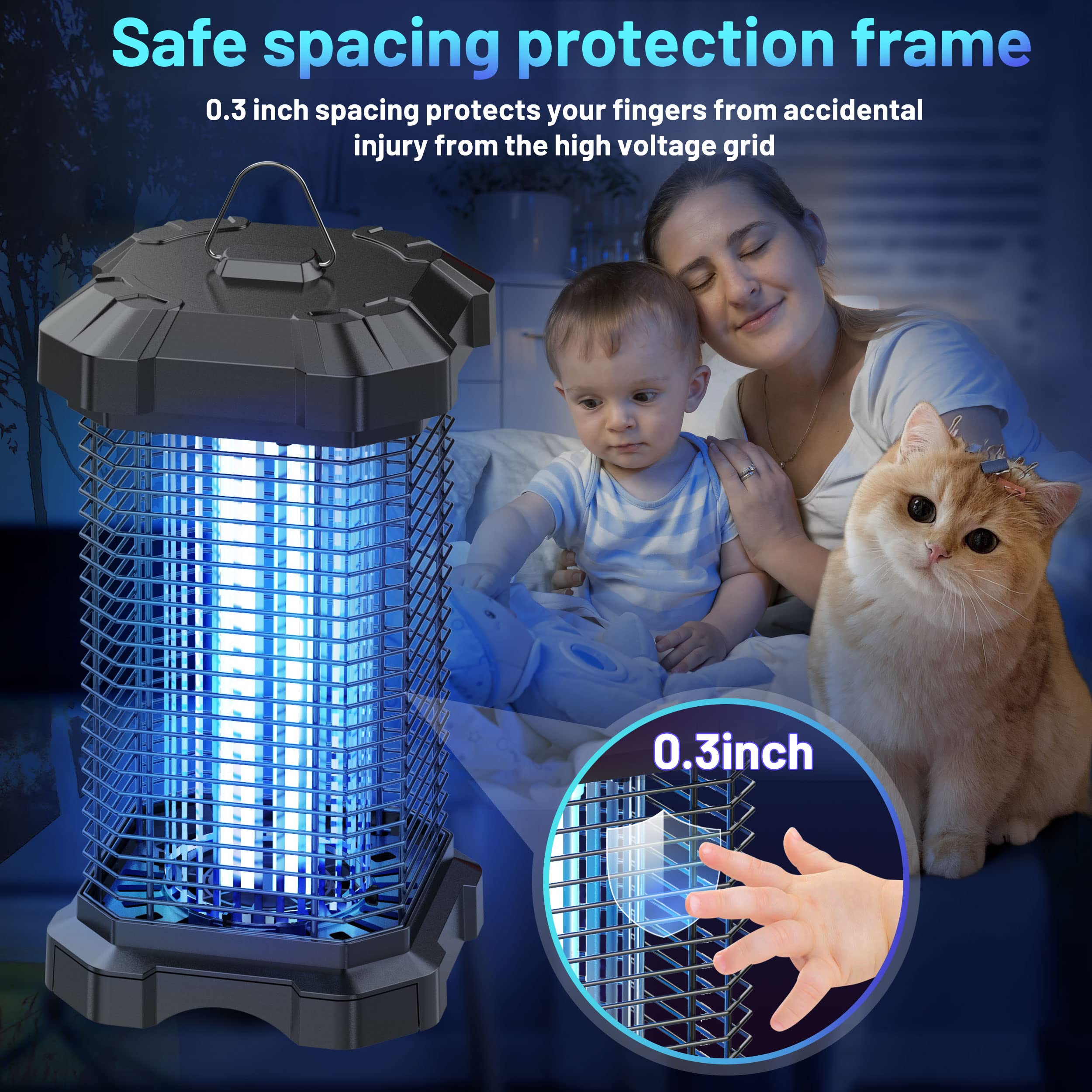 Jawlark Bug Zapper hanging loop enables easy ceiling or hook placement.