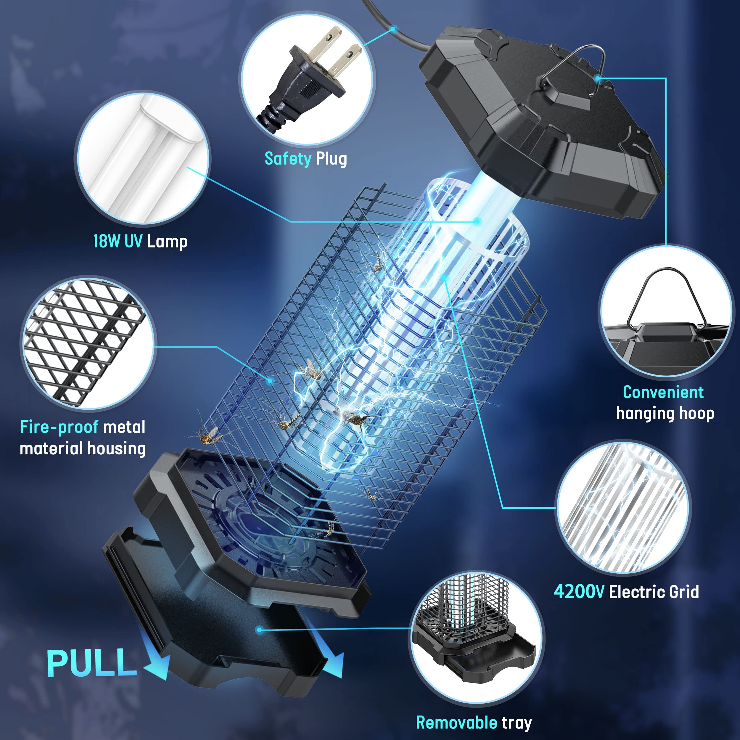Jawlark Bug Zapper IP44 waterproof shell protects against rain for year-round use.