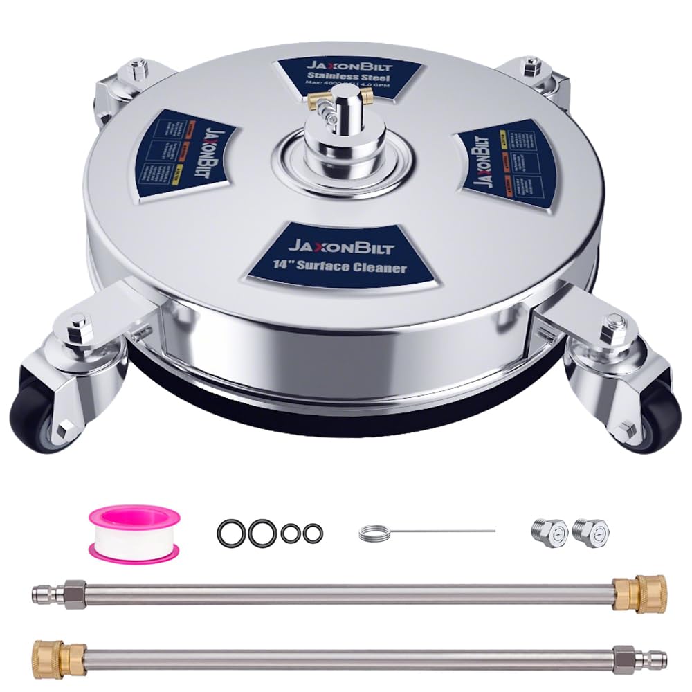 JaxonBilt 14-inch surface cleaner on driveway speeds up cleaning.