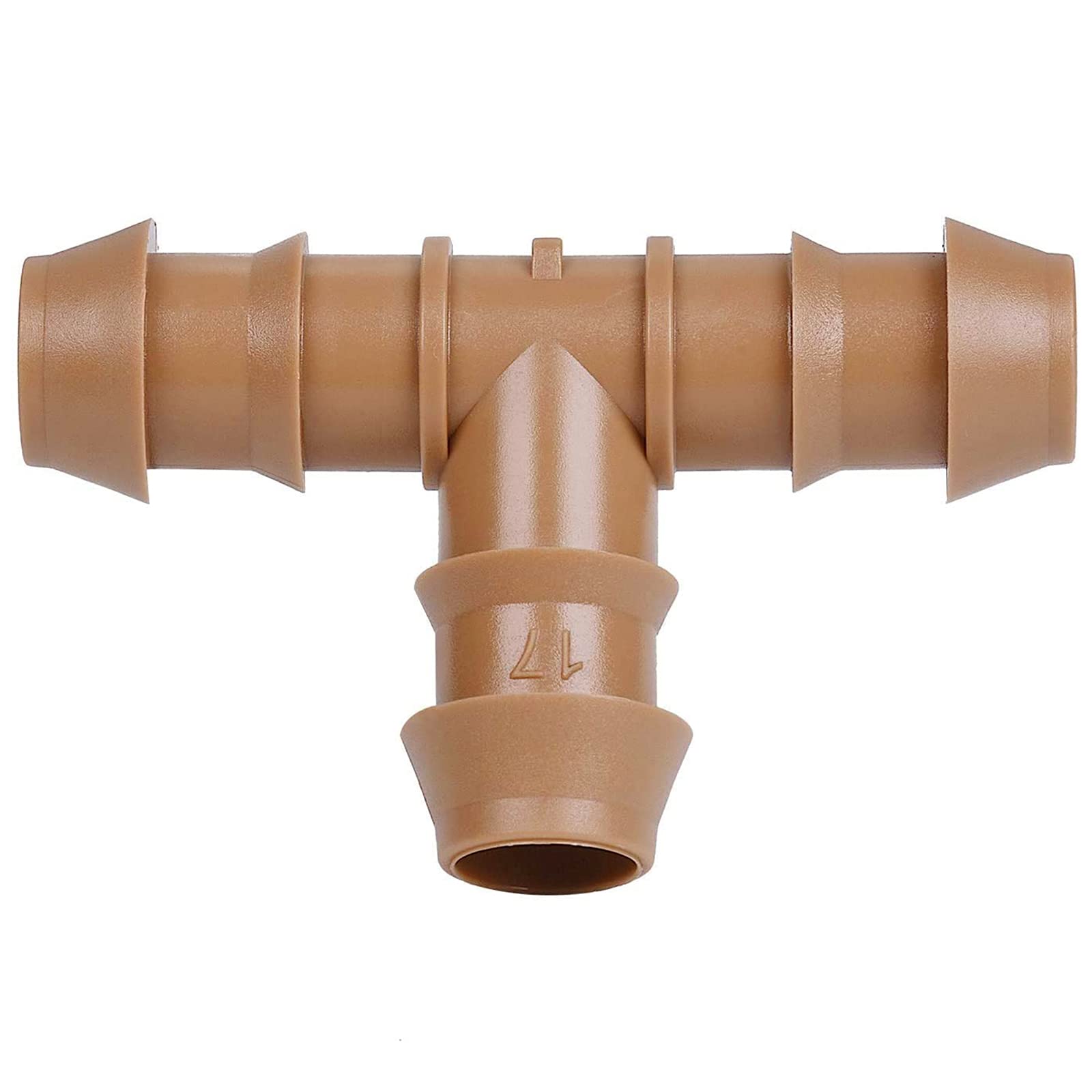 JAYEE barbed tee connectors close-up for 17mm drip tubing, durable and leak-proof.
