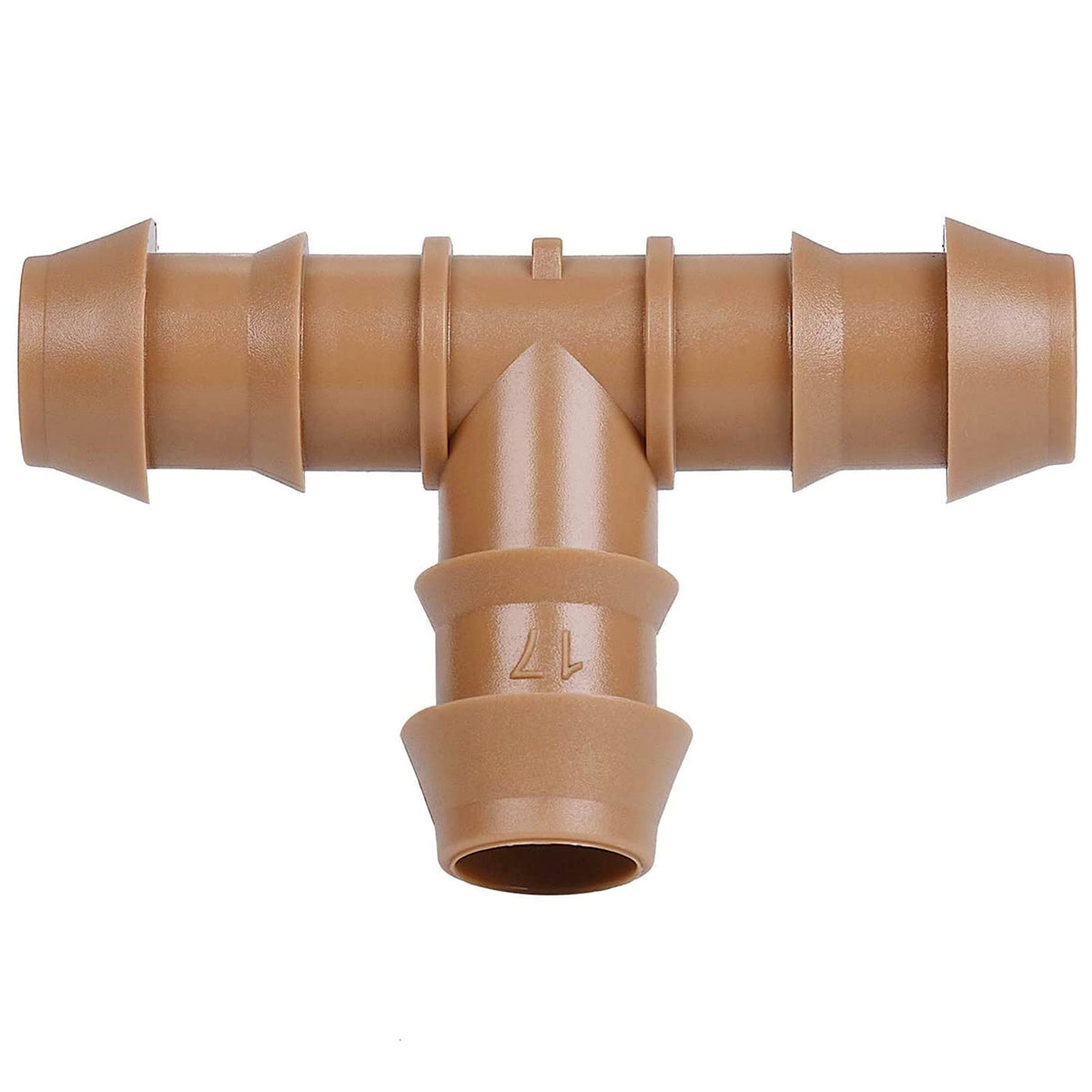 JAYEE barbed tee connectors close-up for 17mm drip tubing, durable and leak-proof.