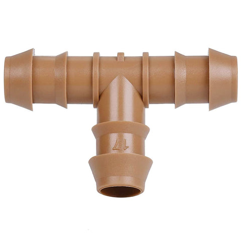 JAYEE barbed tee connectors close-up for 17mm drip tubing, durable and leak-proof.