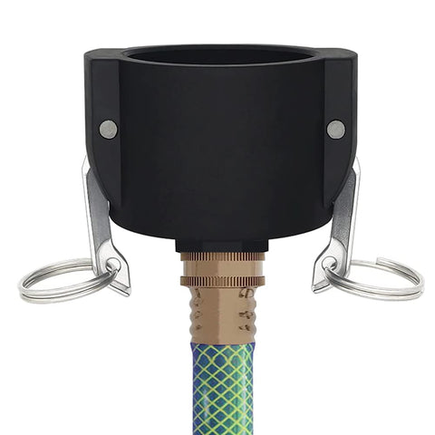 Jayen IBC tote drain adapter with 2-inch camlock for garden hose compatibility.
