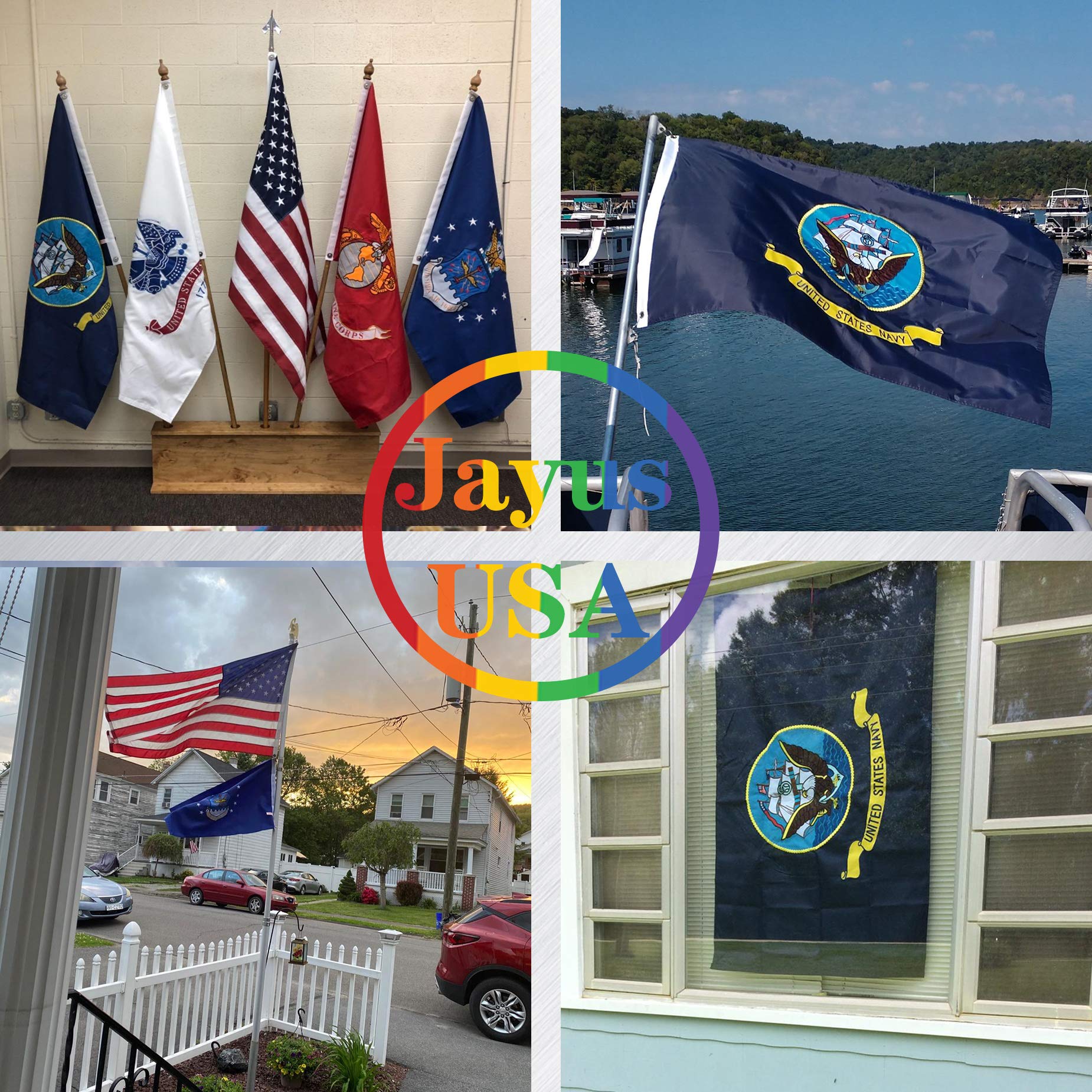 Jayus double-sided US Navy flag demonstrates durable embroidery on both sides for visibility indoors or outdoors.
