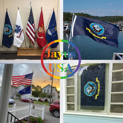 Jayus double-sided US Navy flag demonstrates durable embroidery on both sides for visibility indoors or outdoors.