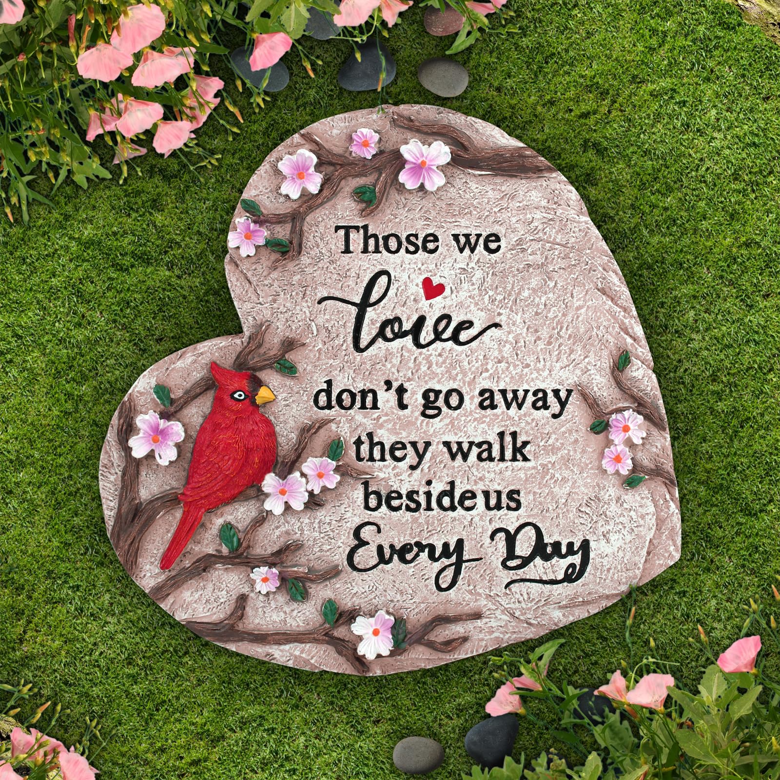 Jazcimdo heart-shaped memorial stone with cardinal motif for garden remembrance
