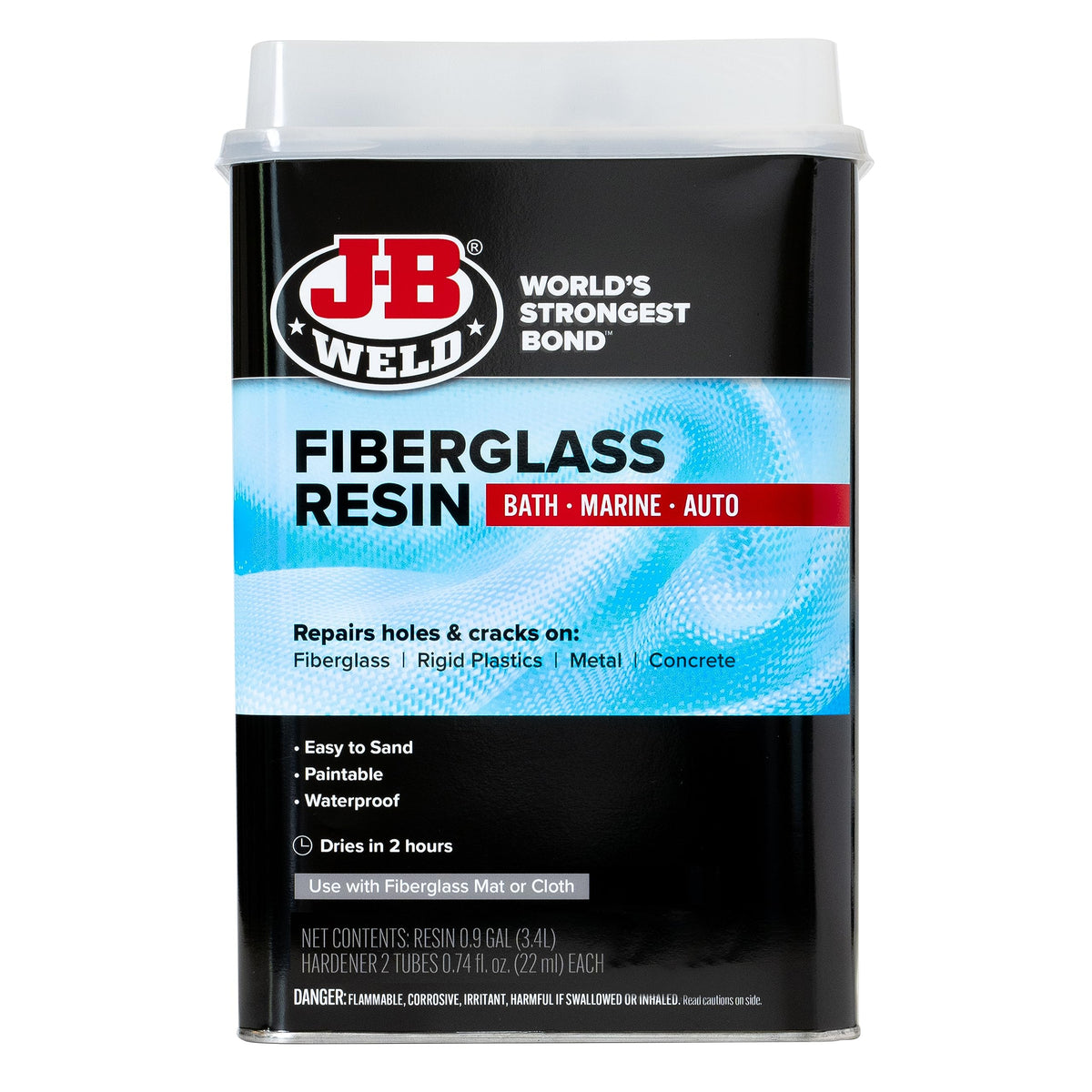 J-B Weld Fiberglass Resin gallon bottle ideal for waterproof repairs.