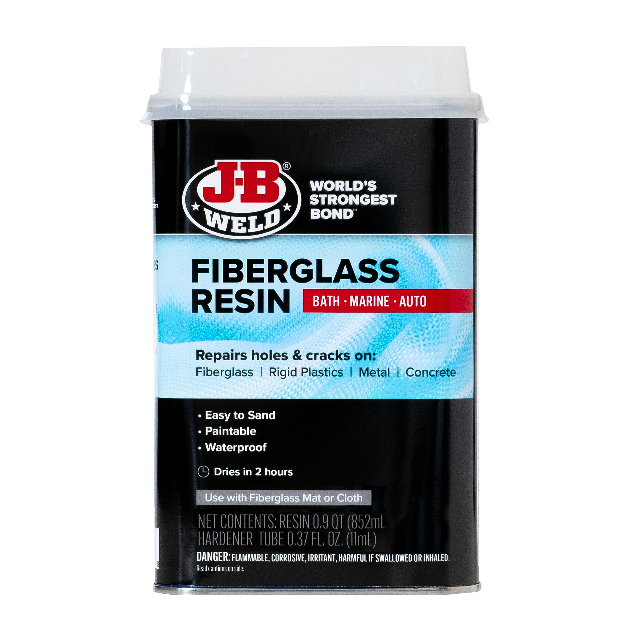 JB Weld Fiberglass Resin quart pour for bath, marine, and auto repairs.