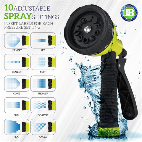 JB XpandaHose 10-pattern nozzle provides versatile spray options for watering.