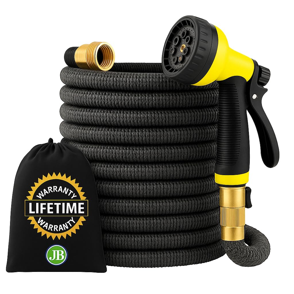 JB XpandaHose 75ft fully expanded showing leak resistant brass connectors for garden watering.