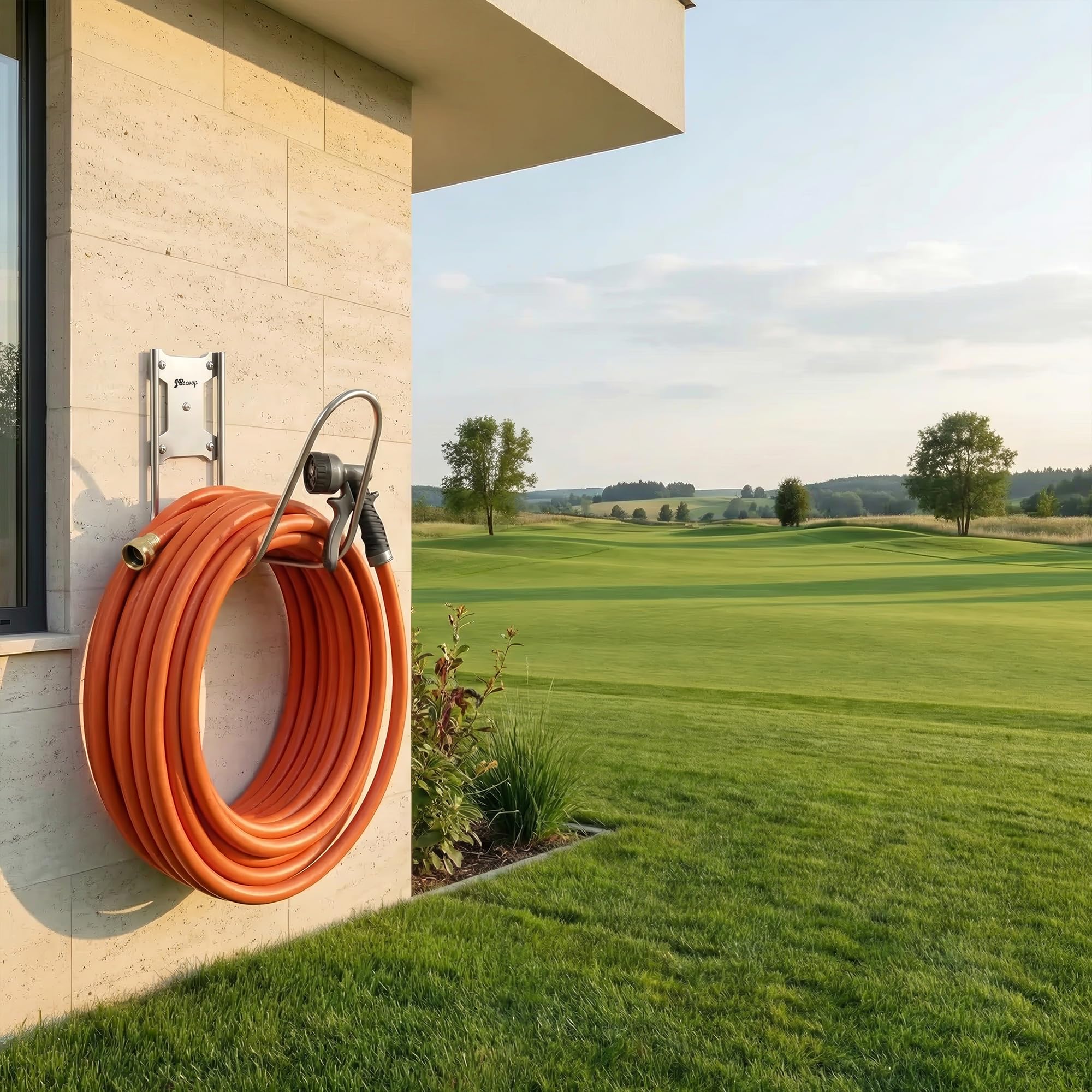 JBscoop heavy-duty hose hanger shows 304 stainless steel build for rust resistance.